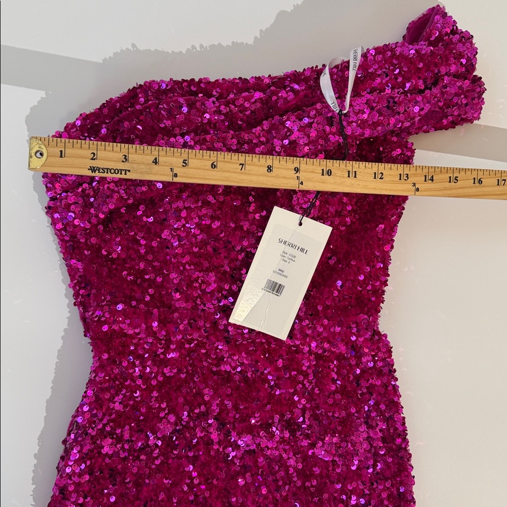 NWT Sherri Hill Fuchsia Sequins Gown Size 0 One Shoulder High Slit - Picture 9 of 15
